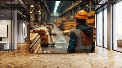 a worker is carrying out an inspection at a timber or wood warehouse Wall mural