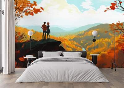 Autumn Hike in the Mountains with Couple Silhouette Wall mural