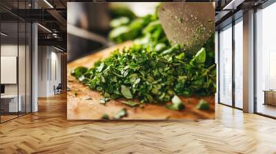 Chopping Fresh Herbs on a Wooden Cutting Board Wall mural