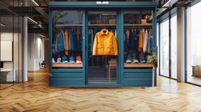 Cozy Autumn Fashion Display in a Vintage-Style Storefront Wall mural