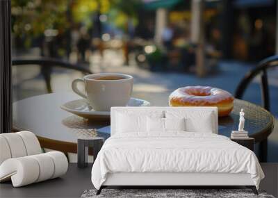 Cozy Cafe Moment: A Cup of Coffee and a Delectable Donut Wall mural