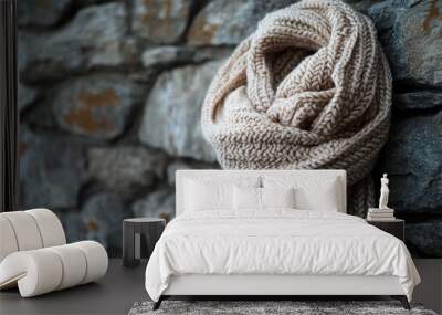 Cozy Knitted Scarf Against Stone Wall Wall mural