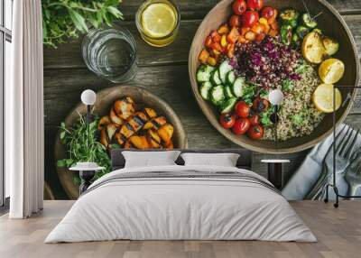 Delicious Vegetarian Bowl with Quinoa, Roasted Vegetables, and Fresh Produce Wall mural