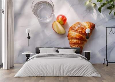 Delightful Croissant and Fresh Fruit on Marble Surface Wall mural