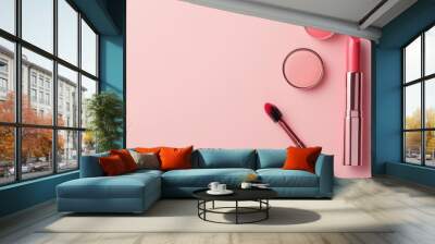 Elegant Cosmetic Arrangement on Pastel Pink Background Wall mural