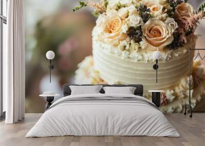 Elegant Wedding Cake Adorned with Delicate Floral Arrangements Wall mural