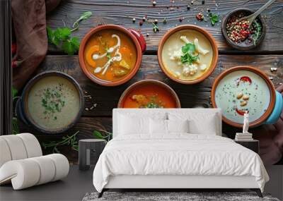 flat lay tasty broth and different cream soups in bowls on old wooden table Wall mural