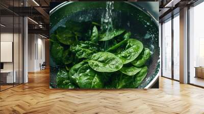 Freshly Washed Spinach - Healthy Greens under Running Water Wall mural