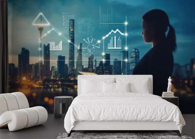 Futuristic City Skyline and Business Analytics Wall mural