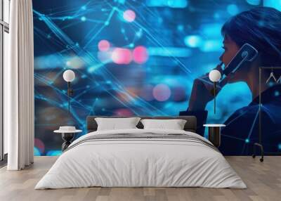 Futuristic Communication Technology Concept - Woman Talking on Smartphone Wall mural