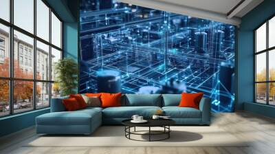 Futuristic Digital Cityscape with Glowing Wireframe Structures Wall mural