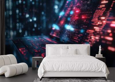 Futuristic Digital Landscape with Glowing Binary Codes Wall mural