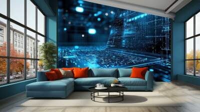 Futuristic Digital Landscape with Glowing Circuits and Illuminated Pathways Wall mural