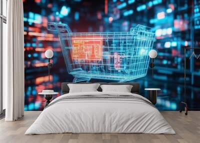 Futuristic Shopping Cart in the Digital Landscape of Tomorrow Wall mural