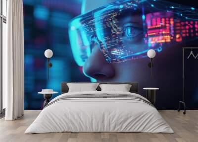 Futuristic Virtual Reality Headset Closeup in Neon Lighting Wall mural