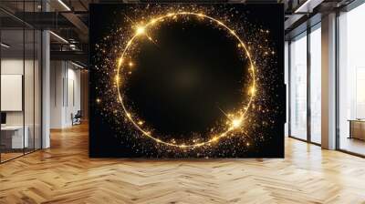 Gold glitter circle and golden spark particles in circle frame on black background Wall mural