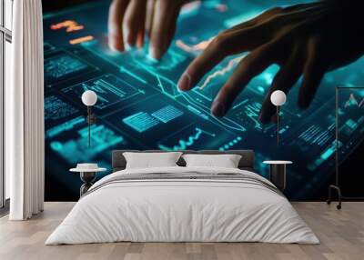 Hands Typing on Futuristic Holographic Computer Interface Wall mural