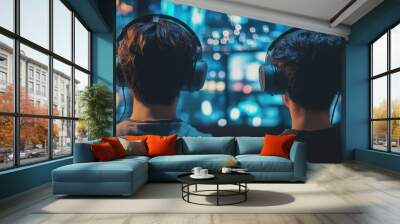 Immersed in the Digital Realm: Two Friends Enjoy a Virtual Experience Wall mural