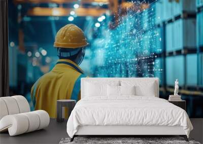 Industrial Worker Inspecting Warehouse with Digital Technology Overlay Wall mural