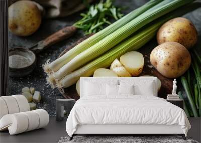 ingredients for homemade potato leek soup with fresh produce Wall mural