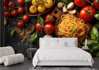 Italian Pasta Ingredients on Dark Background Wall mural