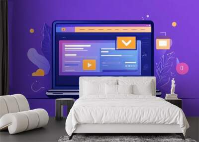 Laptop with Web Page Design Interface on Purple Background Wall mural