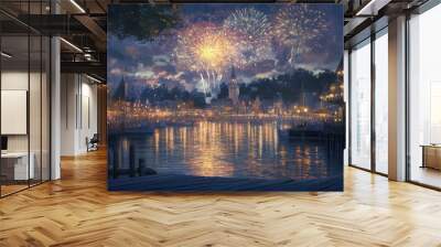 Magical Fireworks Display Over Picturesque Waterfront Village Wall mural