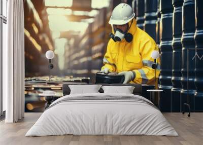 Male worker inspecting oil drums wearing safety clothing Wall mural