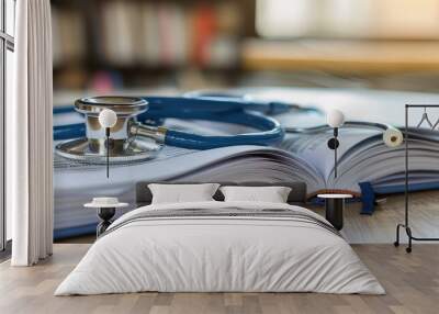 Medical textbook and stethoscope on desk Wall mural