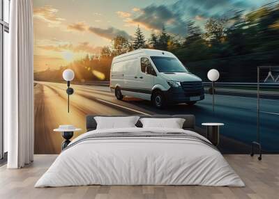 Modern delivery shipment cargo courier van moving fast on motorway road, fast package delivery Wall mural