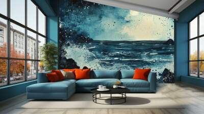 Moonlit Seascape: Tranquil Waves and Silhouetted Cliffs Wall mural