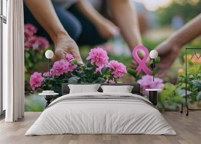 Planting Hope: Hands Nurturing Vibrant Flowers for Breast Cancer Awareness Wall mural