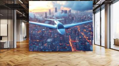 Soaring Above the Bustling City Skyline at Sunset Wall mural