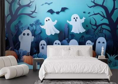 Spooky Halloween Scene with Ghosts and Pumpkins Wall mural