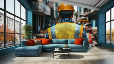 Urban Construction Worker in Safety Gear on Job Site Wall mural