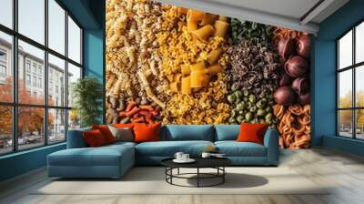 Variety of types, colors and shapes of Italian pasta Wall mural