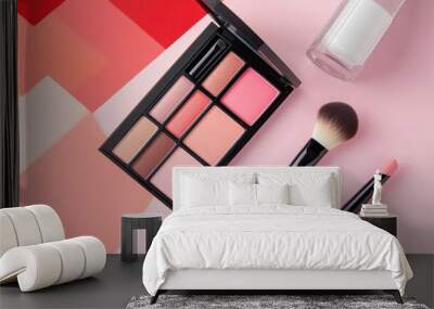 Vibrant Makeup Palette and Brushes on Geometric Background Wall mural