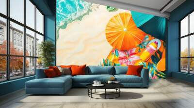 Vibrant Tropical Beach Getaway with Umbrella and Beach Essentials Wall mural