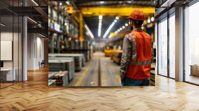 Worker man in modern steel and aluminum warehouse Wall mural