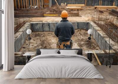 Worker surveying construction site with concrete foundation forms Wall mural