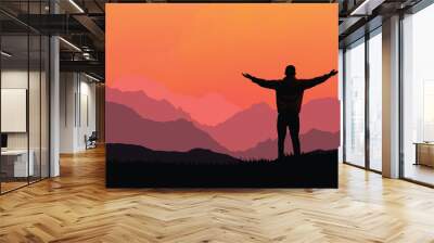 Winner person standing on mountain peak cheering with epic view. Freedom and personal success concept. Winner, conquer, mission accomplished concept. Vector illustration. Wall mural