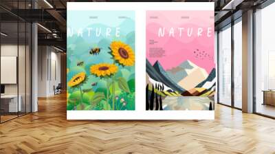 nature and landscape. Vector illustration of mountains, trees, plants, fields and animals. For prints, cover or card designs, art decoration. Wall mural