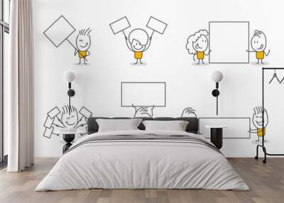 Stick figures. Blank banner set. Vector illustration of people holding blank banner. It can be used for presentation, for explanation, as a mascot, for communication, to express emotions. Wall mural