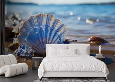 A close-up of a seashell half-buried in the cobalt blue ocean sand, with water gently washing over it Wall mural