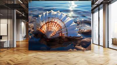 A close-up of a seashell resting on the cobalt blue ocean shore, glistening under the sunlight Wall mural