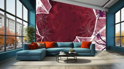 A crisp white Halloween banner featuring intricate spiderwebs and purple spiders set against a rich maroon background. Wall mural