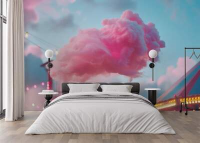 A pink cotton candy cloud floating above a vibrant pink fairground. Wall mural