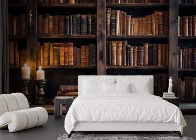 A rustic bookshelf in a cozy library, the leather-bound spines creating a blurred backdrop for creativity. Wall mural