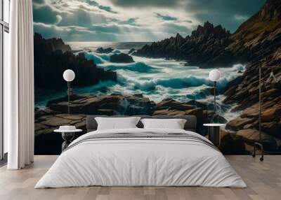 In a closeup of a rocky shore, crashing waves meet the rugged landscape in a chaotic yet harmonious dance. The interplay of elements highlights the raw beauty of the coastal environment.   Wall mural