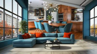 Mid-century modern dining area with teal tulip chairs, walnut table, and sputnik chandelier. 32k UHD, Wall mural